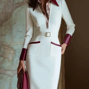 Urban Color Block Split Joint Shirt Collar Knee Length Dress With Belt, Midi Dresses, color:White|size:XXL, Stylewe