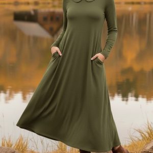 Women Plain Spring/Fall Dress Shawl Collar Long Sleeve A-Line Dress, Dresses, color:Army Green|size:4XL, catalog Noracora shop