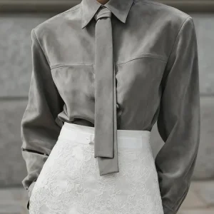 Suede Urban Plain Buttoned Faux Leather Top With Tie, Tops, color:Gray|size:XXL, Stylewe