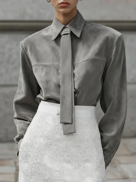 Suede Urban Plain Buttoned Faux Leather Top With Tie, Tops, color:Gray|size:XXL, Stylewe
