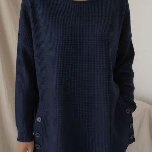 Casual Plain Crew Neck Long Sleeve T-shirt, T-shirts, color:Navyblue|size:3XL, catalog Noracora shop