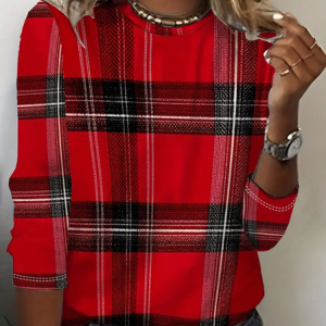 Casual Plaid Crew Neck Long Sleeve T-shirt, T-shirts, color:Red|size:XXL, catalog Noracora shop