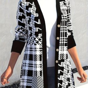 Women Spring/Fall Outerwear Casual Printing Geometric Long Sleeve Wrap Jacket, Coats, color:Black|size:5XL, catalog Noracora shop