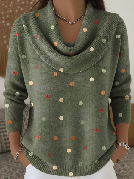 Women Polka Dots Printing Spring/Fall Casual Long Sleeve Cowl Neck Sweater, JustFashionNow Sweaters, color:Green|size:3XL,