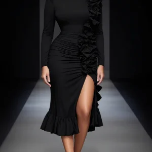 Elegant Side-Slit Puff Sleeve Peplum Turtleneck Party Midi Dress, Midi Dresses, color:Black|size:XXL, Stylewe