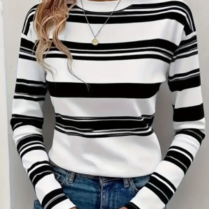 Women Striped Long Sleeve Tee T-shirt Crew Neck Printing Casual Spring/Fall Graphic Tee Top, JustFashionNow T-Shirts, color:Black-white|size:XXL,