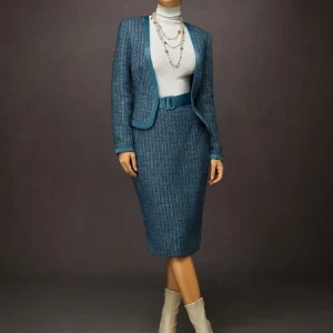 Elegant Tweed Skirt Set - Sophisticated Ensemble for Social Wear, , color:Blue|size:XXL, Stylewe
