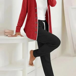 Women Plain Printing Two-Piece Set Daily Long Sleeve Casual Spring/Fall Coat With Pants Matching Set, JustFashionNow Suit Set, color:Reddish Black|size:XXL,