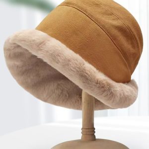 Thickened Fleece-lined Warm Fisherman's Hat For Autumn And Winter Lamb Fleece-lined Bucket Hat, Winter Fleece-lined Rolled Brim Hat, Hats, color:Yellow|size:One-size, catalog Noracora shop