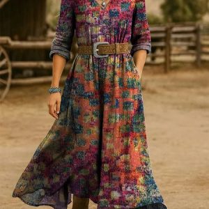 Women Ethnic Spring/Fall Dress V Neck Long Sleeve H-Line Dress, Dresses, color:Color2|size:4XL, catalog Noracora shop