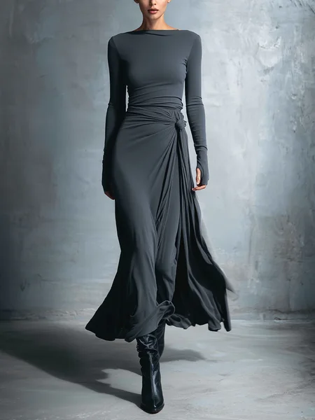 Urban Plain Knot Boat Neck Midi Dress, Maxi Dresses, color:Gray|size:XXL, Stylewe