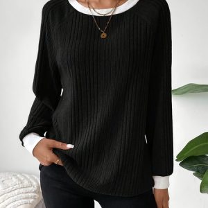 Women Plain Long Sleeve Tee T-shirt Crew Neck Casual Spring/Fall Top, JustFashionNow T-Shirts, color:Black|size:XXL,