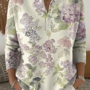 Women Floral Long Sleeve Comfy Casual Sweater, Sweaters, color:Purple|size:4XL, catalog Noracora shop