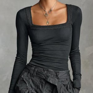 Casual Plain Lace Square Neck T-shirt, Tees, color:Deep Gray|size:XXL, Stylewe