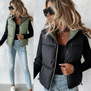 Stand Collar Sleeveless Zip Up Drawstring Hem Vest Casual Two-Way Reversible Ladies Warm Winter Padded Coat, women Jackets & Coats, ChicMe catalog