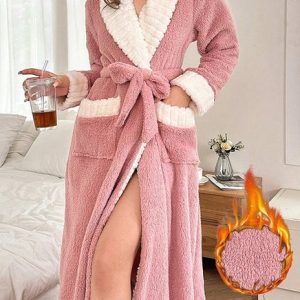 Casual Regular Fit Shawl Collar Color Block Nightdress, Jumpsuits&Rompers, color:Pink|size:XL, catalog Noracora shop