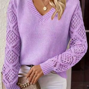 Women Wool Plain Long Sleeve Comfy Casual Jacquard Sweater, Sweaters, color:Purple|size:XL, catalog Noracora shop