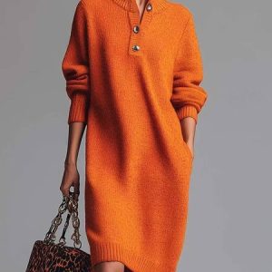 Women Plain Long Sleeve Autumn Dress Turtleneck Daily Casual Midi H-Line Dress, JustFashionNow Sweater Dresses, color:Orange Red|size:3XL,