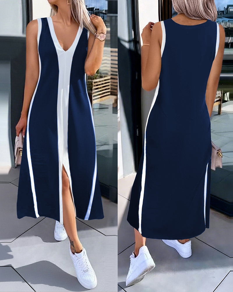 Striped Sleeveless Plunge Neckline Midi Dress with Slit Detail Casual Loose Fit A Line Dress, women Casual Dresses, ChicMe catalog - Image 2