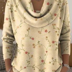 Women Floral Long Sleeve Comfy Vintage Sweater, Sweaters, color:Apricot|size:4XL, catalog Noracora shop