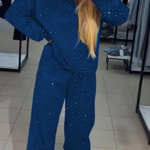 Women Plain Split Joint Two-Piece Set Daily Long Sleeve Casual Spring/Fall Top With Pants Matching Set, JustFashionNow Suit Set, color:Blue|size:3XL,
