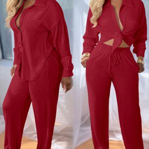 2 Pieces Outfit Turn-down Collar Button Front Pocket Design Asymmetrical Hem Top and Drawstring Elastic Waist Wide Leg Pants Set Casual Textured Set, women Two-piece Sets, ChicMe catalog