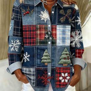 Shirt Collar Regular Sleeve Long Sleeve Christmas Buckle Regular Loose Button Up Shirt Shirt For Women, Shirts, color:Blue|size:XXL, catalog Noracora shop