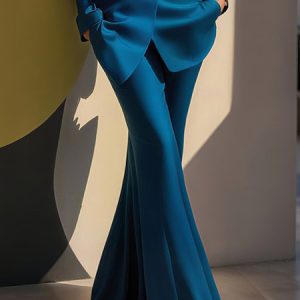 Satin Elegant Plain Flare Pants, Pants, color:Deep Blue|size:XXL, Stylewe