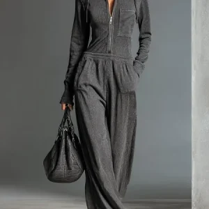 Urban Zipper Plain Hoodie Jumpsuit, Jumpsuits, color:Gray|size:XXL, Stylewe