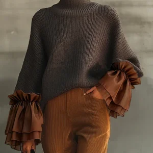 Casual Color Block Turtleneck Sweater with Sheer Ruffle Cuffs, Pullovers, color:Gray|size:XXL, Stylewe