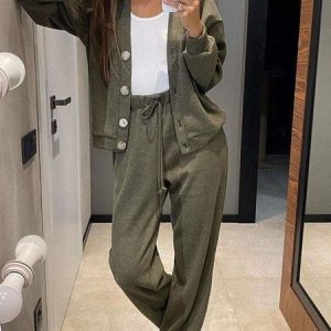 Women Plain Buttoned Two-Piece Set Daily Long Sleeve Casual Spring/Fall Top With Pants Matching Set, Sets, color:Army Green|size:5XL, catalog Noracora shop