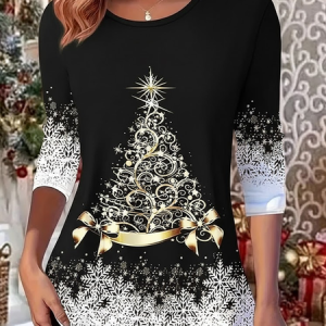 Women Christmas Long Sleeve Tee T-shirt Crew Neck Casual Spring/Fall Tunic Top, JustFashionNow T-Shirts, color:Black|size:XXL,