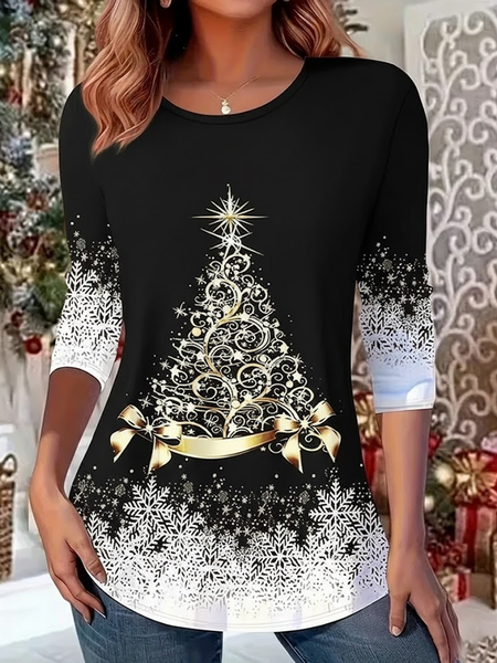 Women Christmas Long Sleeve Tee T-shirt Crew Neck Casual Spring/Fall Tunic Top, JustFashionNow T-Shirts, color:Black|size:XXL,