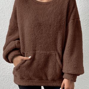 Casual Crew Neck Plain Sweatshirt, Hoodies & Sweatshirts, color:Deep Brown|size:5XL, catalog Noracora shop
