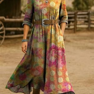 Women Gradient Pattern Spring/Fall Dress V Neck Long Sleeve H-Line Dress, Dresses, color:Color2|size:4XL, catalog Noracora shop