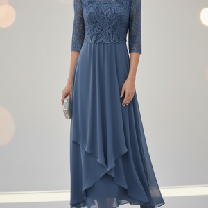 Women Plain Half Sleeve Summer Lace Dress Crew Neck Holiday Elegant Midi Swing X-Line Dress, JustFashionNow Dresses, color:Blue|size:XXL,