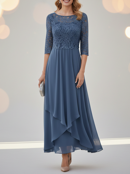 Women Plain Half Sleeve Summer Lace Dress Crew Neck Holiday Elegant Midi Swing X-Line Dress, JustFashionNow Dresses, color:Blue|size:XXL,