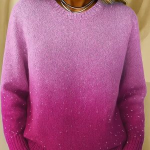 Women Gradient Pattern Spring/Fall Casual Raglan Sleeve Long Sleeve Crew Neck Sweater, JustFashionNow Sweaters, color:Pink|size:4XL,