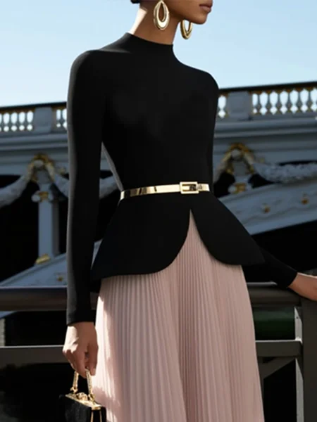 Urban Plain Stand Collar Blouse With Belt, Blouses and Shirts, color:Black|size:XXL, Stylewe - Image 2