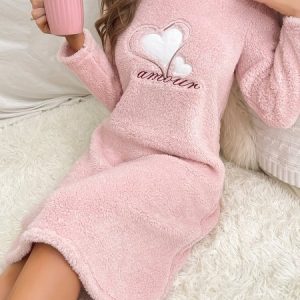 Autumn And Winter Pink Heart Flannel Long-Sleeved Thickened Nightgown Pullover Mid-Length Cute Home Clothes Nightgown, Dresses, color:Yellow|size:XL, catalog Noracora shop