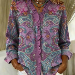 Lace Collar Long Sleeve Floral Regular Loose Shirt For Women, Shirts, color:Purple|size:4XL, catalog Noracora shop