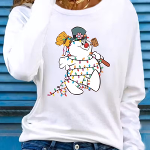 Women Christmas Snowman Long Sleeve Tee T-shirt Crew Neck Printing Casual Spring/Fall Graphic Tee Top, JustFashionNow T-Shirts, color:White|size:XXL,