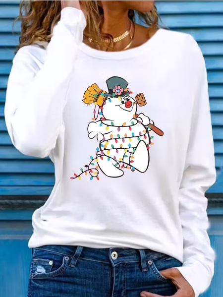 Women Christmas Snowman Long Sleeve Tee T-shirt Crew Neck Printing Casual Spring/Fall Graphic Tee Top, JustFashionNow T-Shirts, color:White|size:XXL,