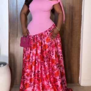 Satin Floral Print Spliced Cold Shoulder Sleeveless Bow Tie Shoulder Party Dress Ruched Vacation Dress, women Maxi Dresses, ChicMe catalog