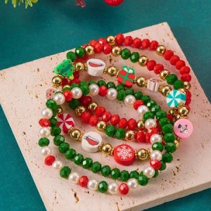 Christmas Electroplating Snowflake Elk Christmas Bell Santa Claus Bracelet Fashionable And Versatile Christmas Crystal Rice Bead Bracelet Combination Set, Bracelet Set, color:Color3|size:One-size, catalog Noracora shop