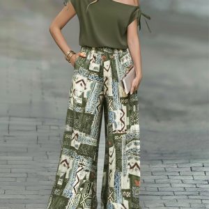 2 Piece Outfit Drawstring Cold Shoulder Top and Floral Print Wide Leg Pants Set, women Two-piece Sets, ChicMe catalog