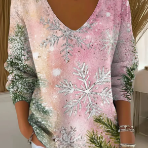 Casual Christmas V Neck Long Sleeve T-shirt, Sweaters, color:Pink|size:4XL, catalog Noracora shop