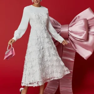Elegant Lace Patchwork Dress - Sophisticated Gown for Social Events, Midi Dresses, color:White|size:XXL, Stylewe