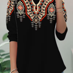 Women Ethnic Long Sleeve Tee T-shirt Crew Neck Casual Spring/Fall Tunic Top, JustFashionNow T-Shirts, color:Black|size:XXL,