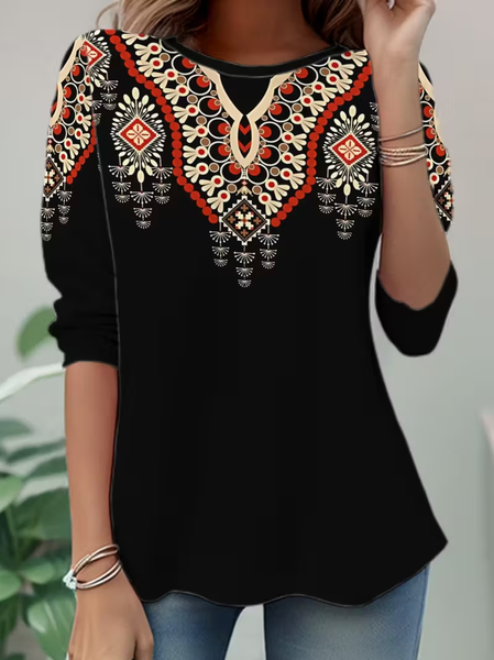 Women Ethnic Long Sleeve Tee T-shirt Crew Neck Casual Spring/Fall Tunic Top, JustFashionNow T-Shirts, color:Black|size:XXL,